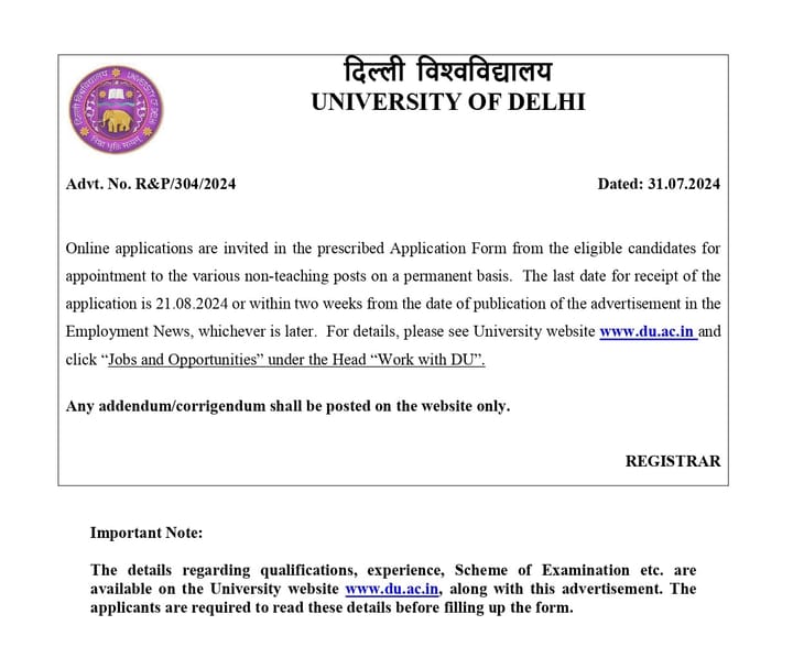 Advt. No. R&P/304/2024 dated 31.07.2024 for the post of Sr. System Programmer, System Programmer and Technical Officer University of Delhi